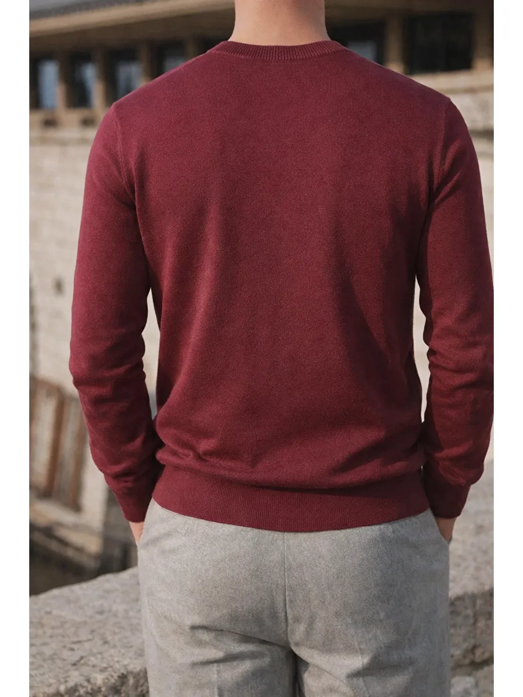 Erkek Kışlık Bisiklet Yaka Dar Bordo Basic Kazak-5