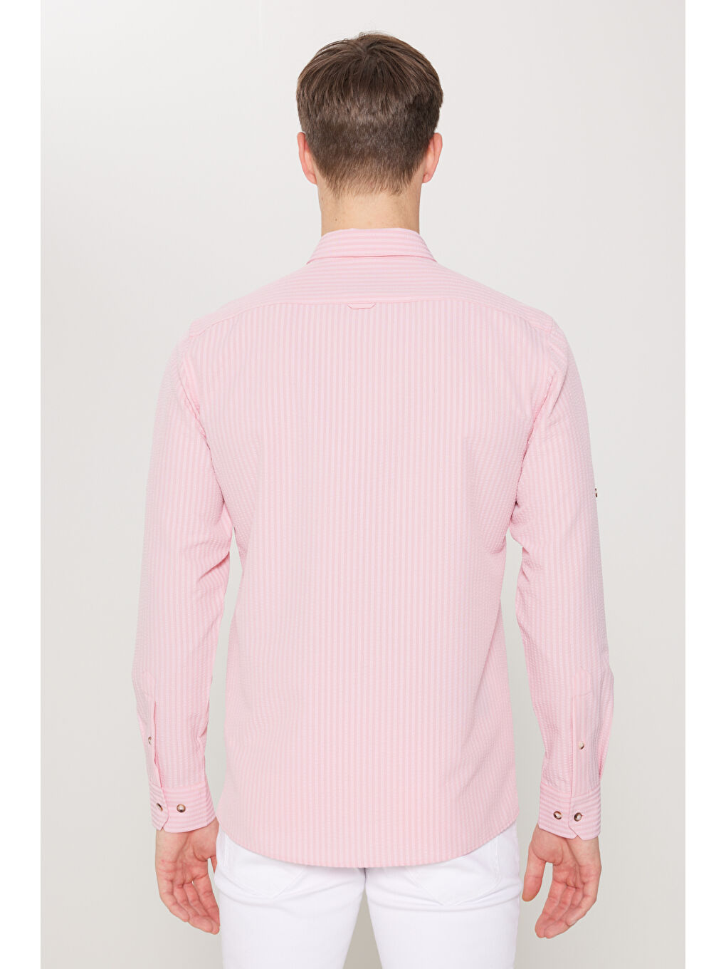 Erkek Pembe Slim Fit Dar Kesim Gofre Desenli Düğmeli Yaka Hafif Kumaş Gömlek-5