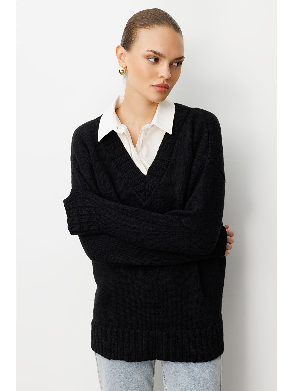 V Yaka Oversize Siyah Triko Kazak-1