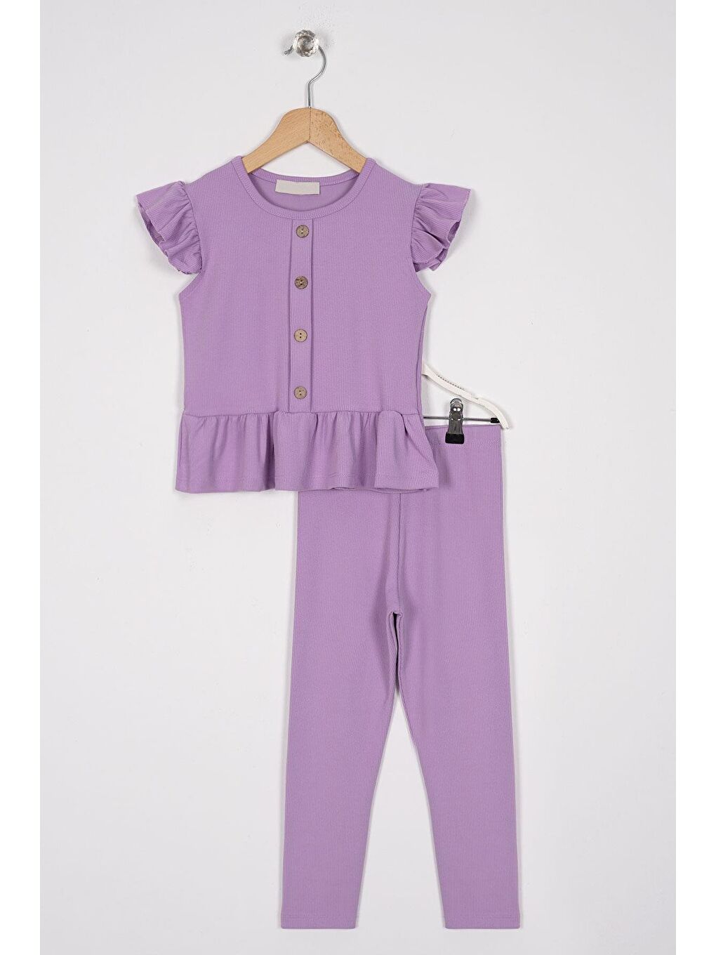 Lila Kolları Fırfırlı Önü Düğme Aksesuarlı Kız Çocuk Taytlı Takım