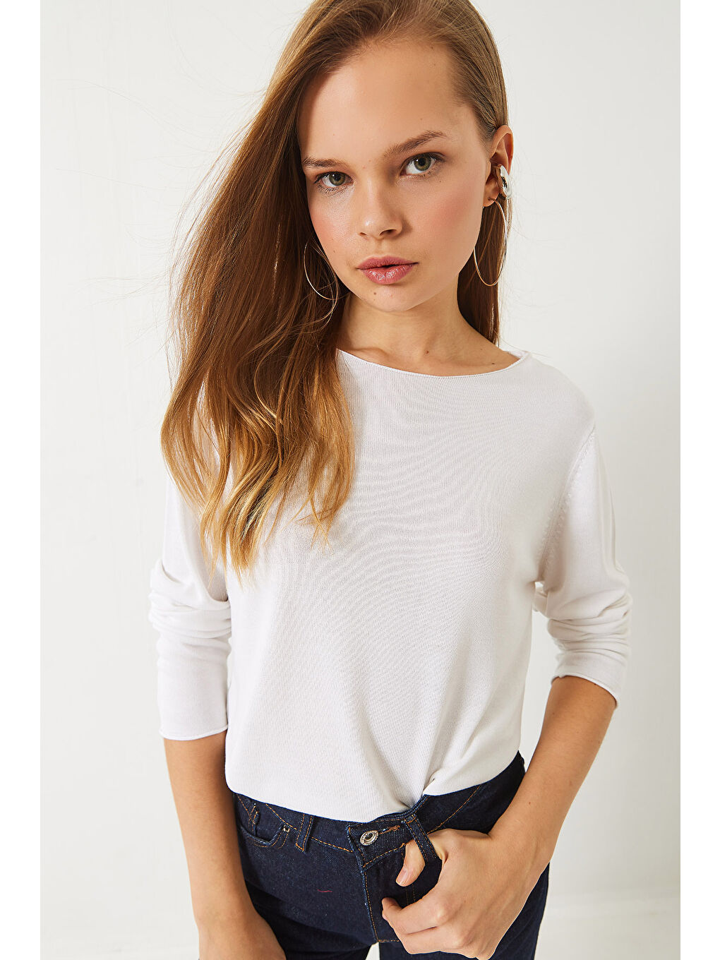 Ekru Kadın Kayık Yaka Transparan Basic Bluz TK-1