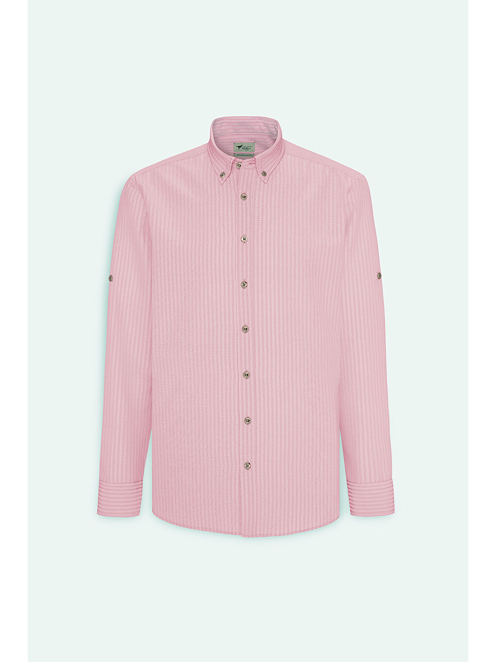Erkek Pembe Slim Fit Dar Kesim Gofre Desenli Düğmeli Yaka Hafif Kumaş Gömlek-6