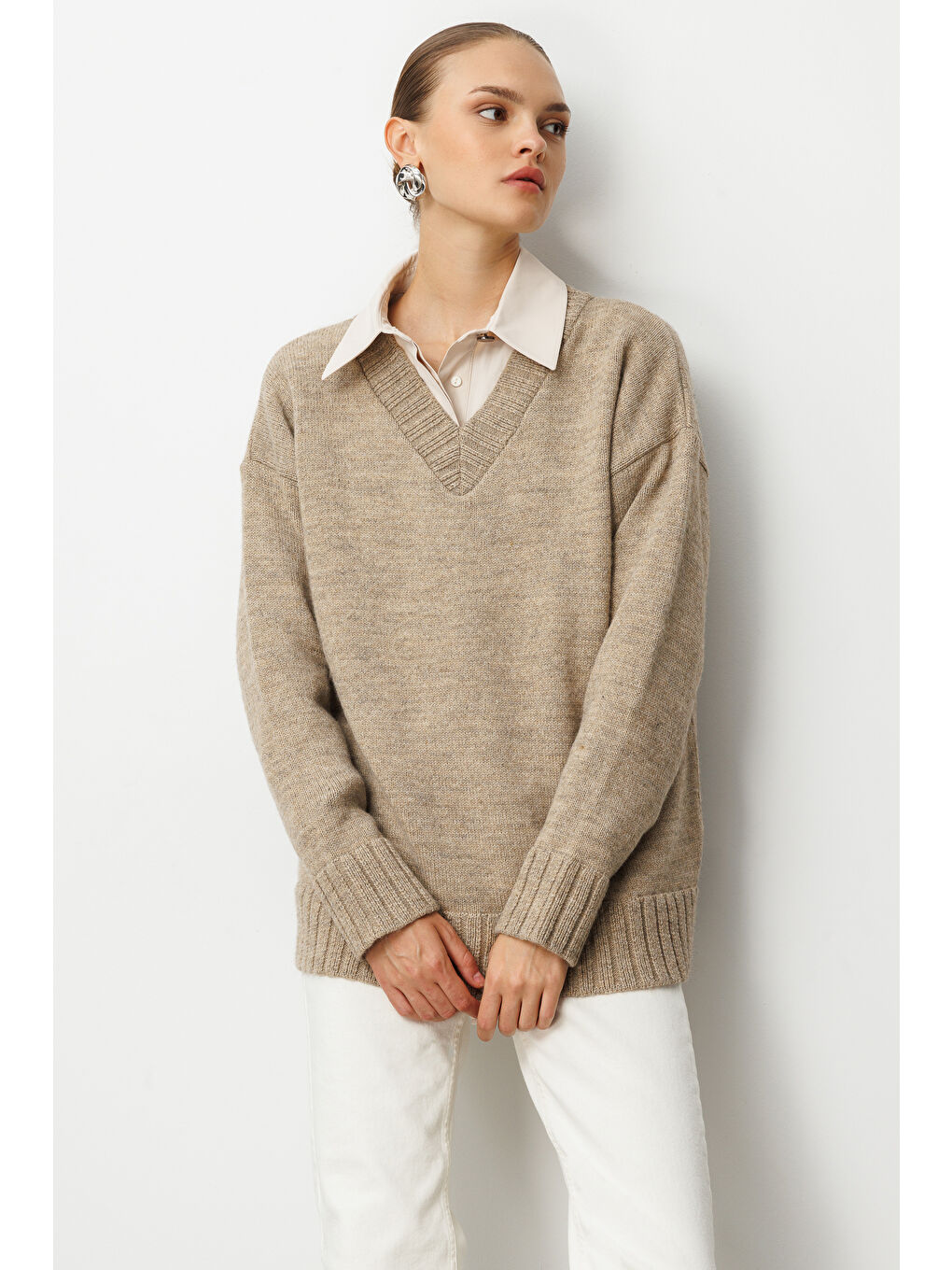 V Yaka Oversize Bej Rengi Triko Kazak-3