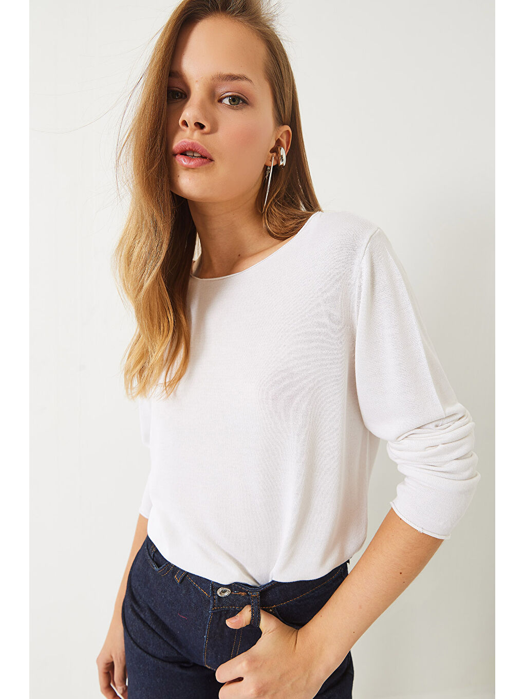 Ekru Kadın Kayık Yaka Transparan Basic Bluz TK-2