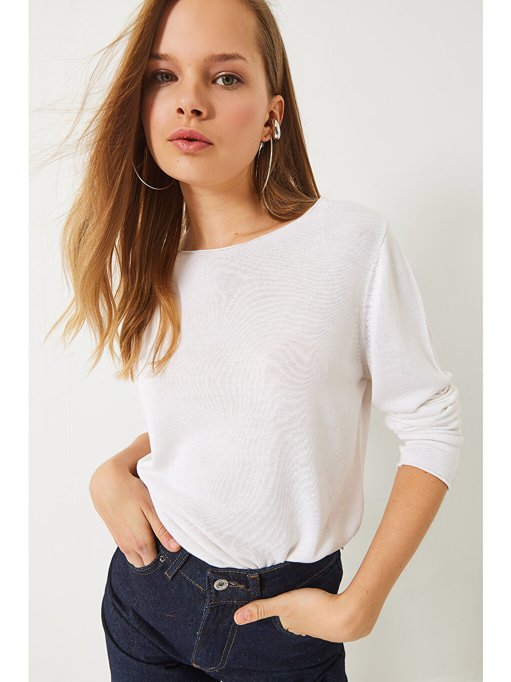 Ekru Kadın Kayık Yaka Transparan Basic Bluz TK-3