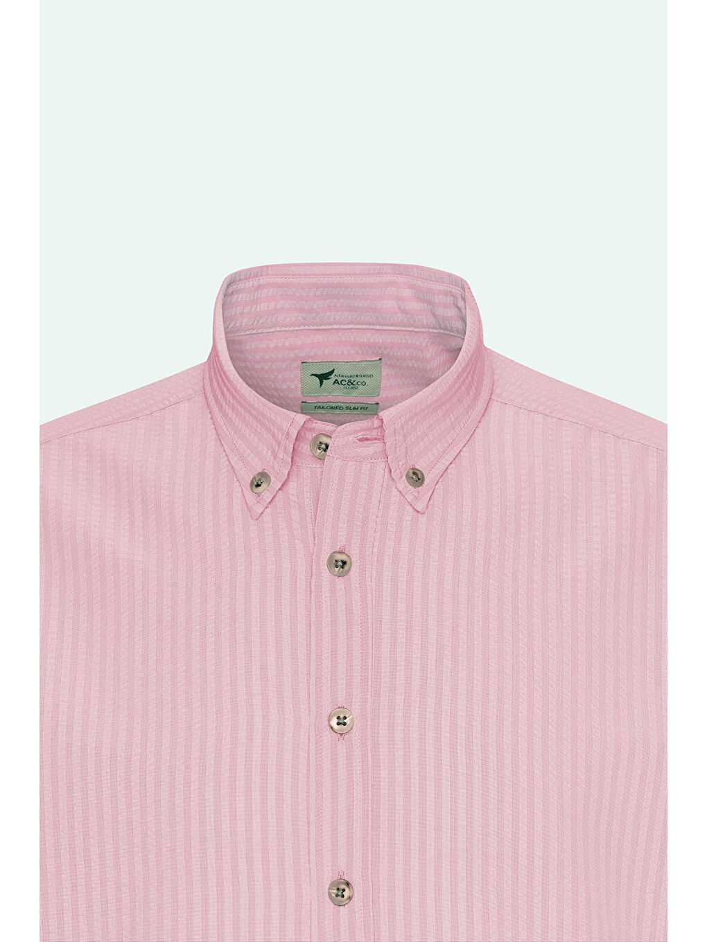 Erkek Pembe Slim Fit Dar Kesim Gofre Desenli Düğmeli Yaka Hafif Kumaş Gömlek-7