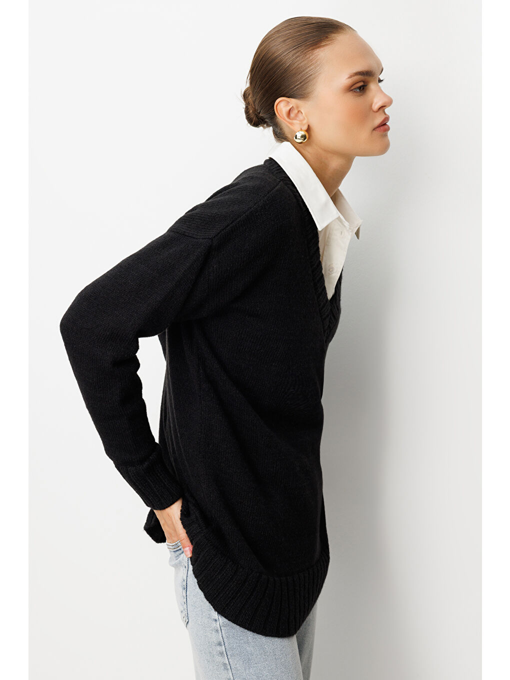 V Yaka Oversize Siyah Triko Kazak-2