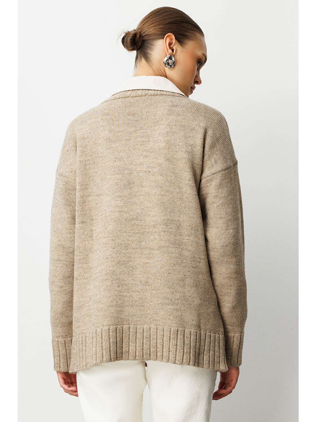 V Yaka Oversize Bej Rengi Triko Kazak-4