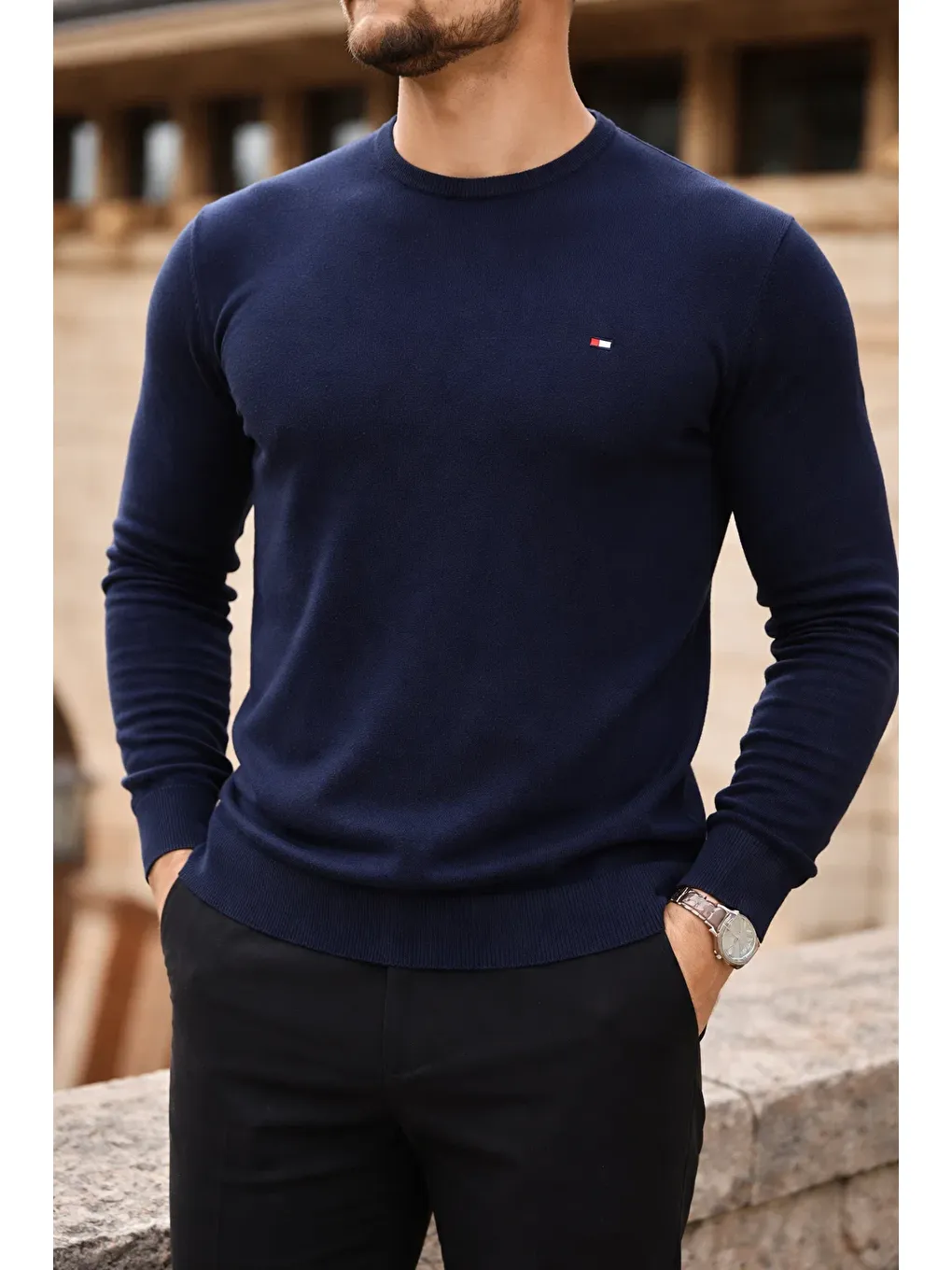 Erkek Kışlık Bisiklet Yaka Dar Lacivert Basic Kazak