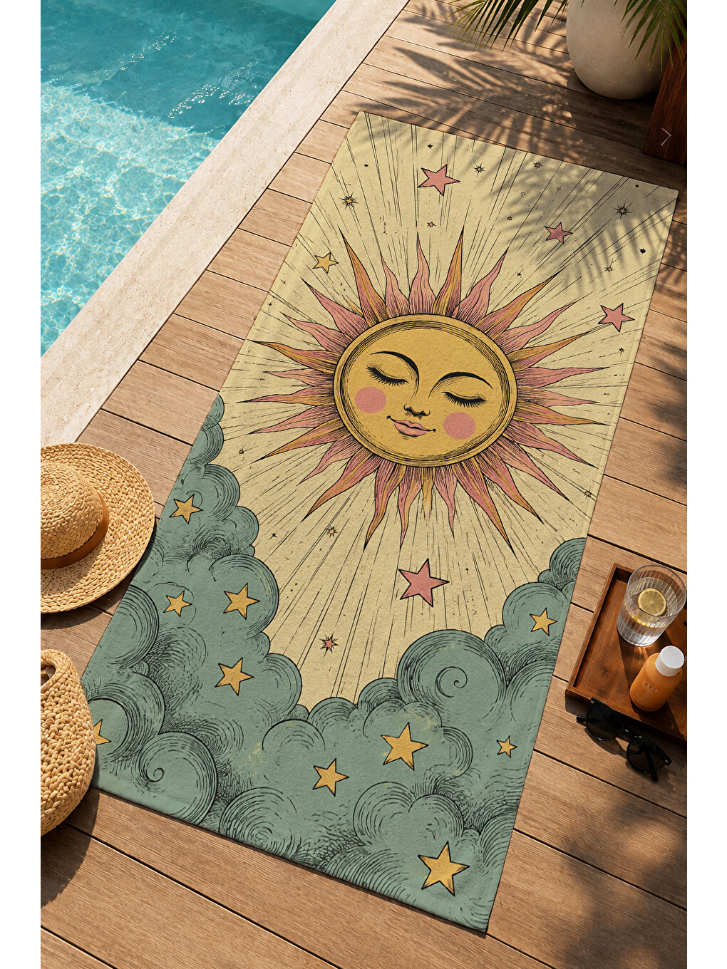 Lacivert Vintage Tarot Güneş Yüzlü Gökyüzü Desenli 70x150 Plaj Havlusu - Dijital Baskılı Banyo Havlusu-3