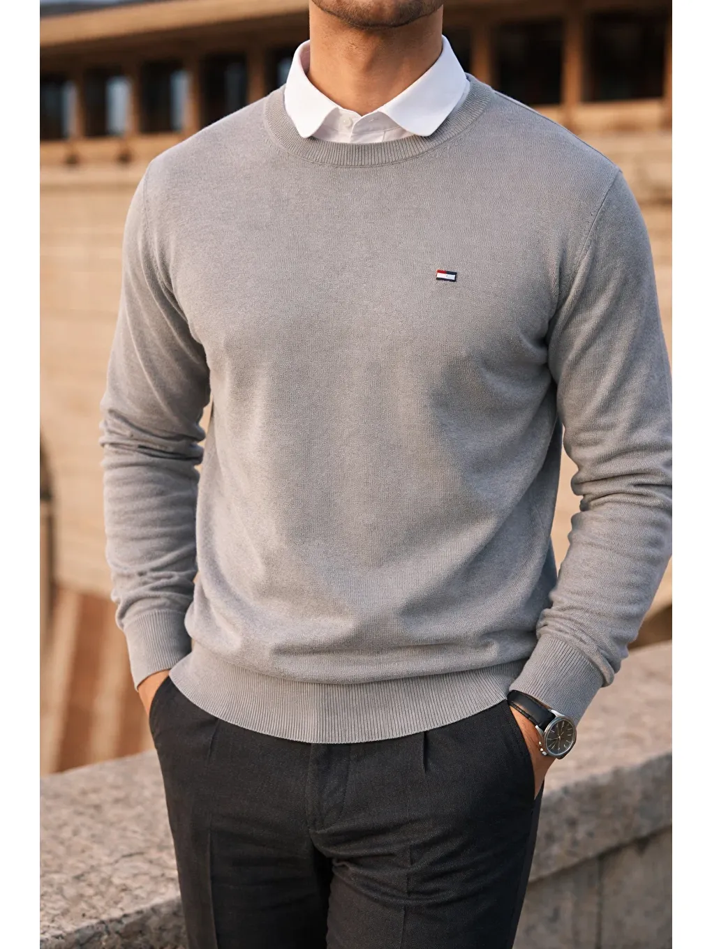 Erkek Kışlık Bisiklet Yaka Dar Gri Basic Kazak-1