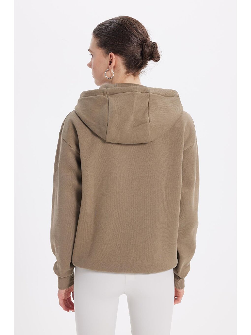 Kadın Oversize Geniş Kesim Pamuklu Yumuşak Dokulu İçi Polarlı Basic Yeşil Kapüşonlu Sweatshirt-6