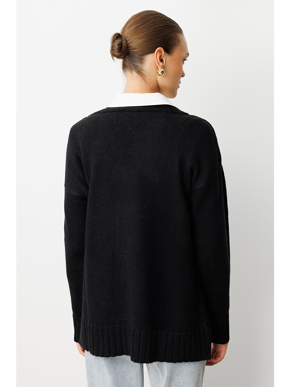 V Yaka Oversize Siyah Triko Kazak-3