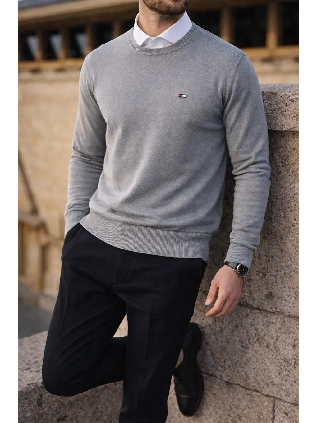 Erkek Kışlık Bisiklet Yaka Dar Gri Basic Kazak-2