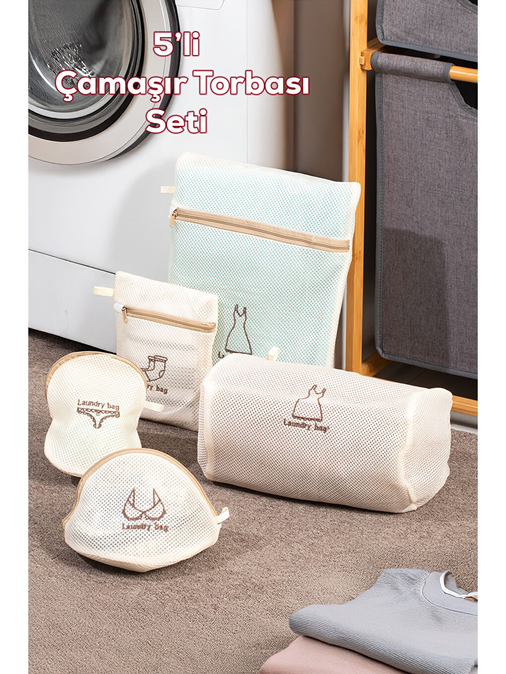 Beyaz 3131 5 Parça Çamaşır Yıkama Filesi Fermuarlı Bölmeli Ayakkabı Yıkama Filesi Deforme Önleyici