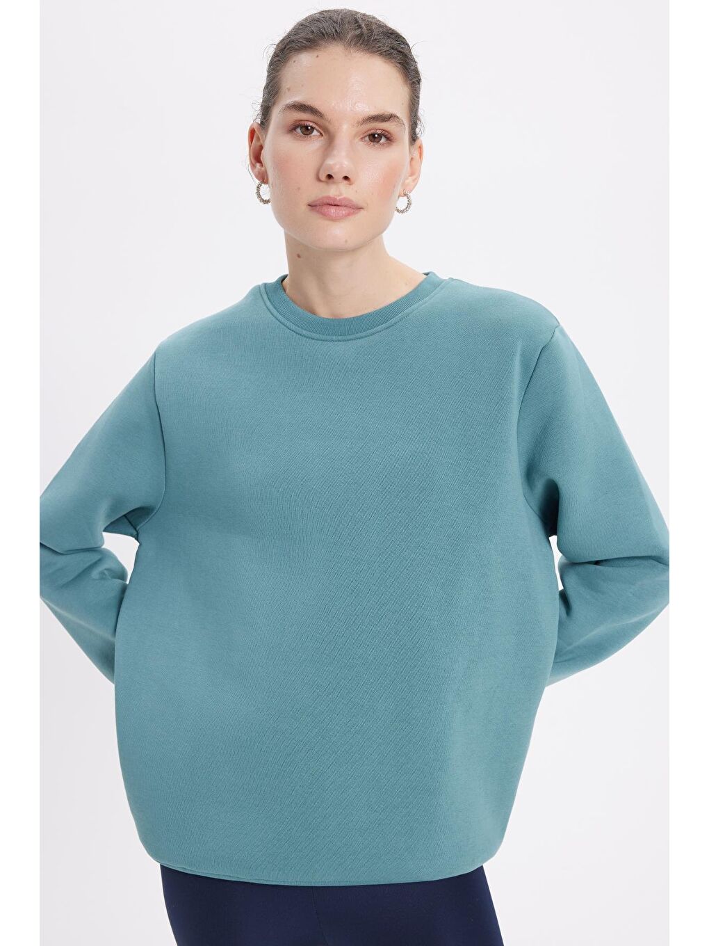 Kadın Oversize Geniş Kesim Pamuklu 3 İplik İçi Polarlı Basic Petrol Rengi Bisiklet Yaka Sweatshirt
