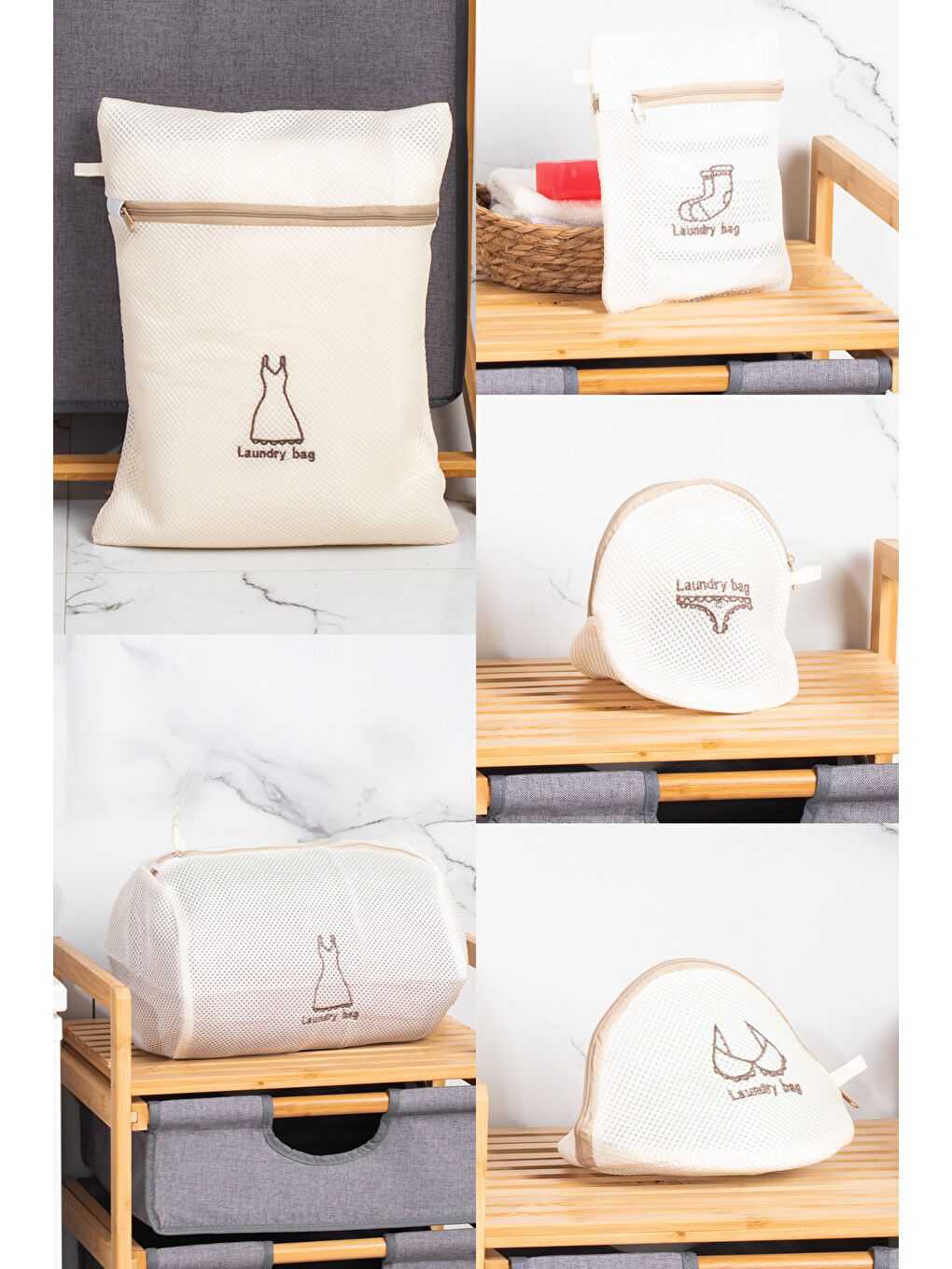 Beyaz 3131 5 Parça Çamaşır Yıkama Filesi Fermuarlı Bölmeli Ayakkabı Yıkama Filesi Deforme Önleyici-1