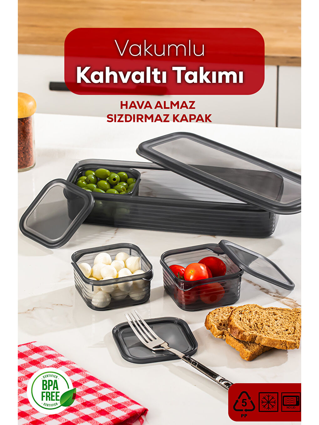 Gri 4369 FreshLock Vakumlu Kahvaltılık Çok Amaçlı Saklama Kabı Kahvaltı Seti