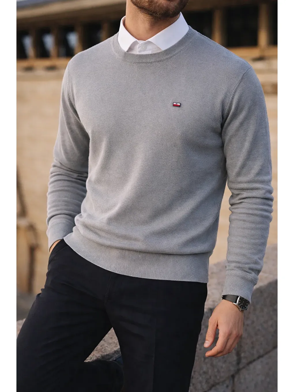 Erkek Kışlık Bisiklet Yaka Dar Gri Basic Kazak-3