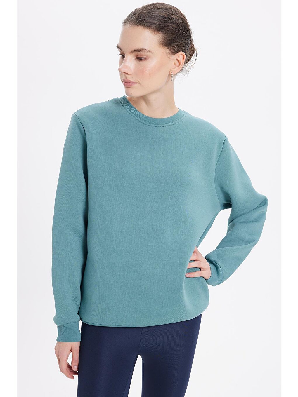 Kadın Oversize Geniş Kesim Pamuklu 3 İplik İçi Polarlı Basic Petrol Rengi Bisiklet Yaka Sweatshirt-1