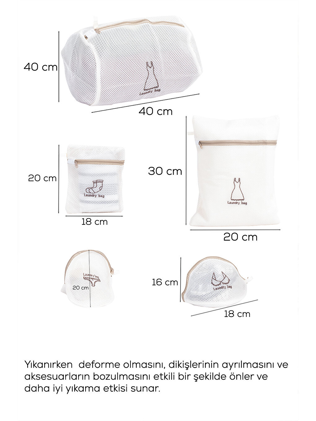 Beyaz 3131 5 Parça Çamaşır Yıkama Filesi Fermuarlı Bölmeli Ayakkabı Yıkama Filesi Deforme Önleyici-3