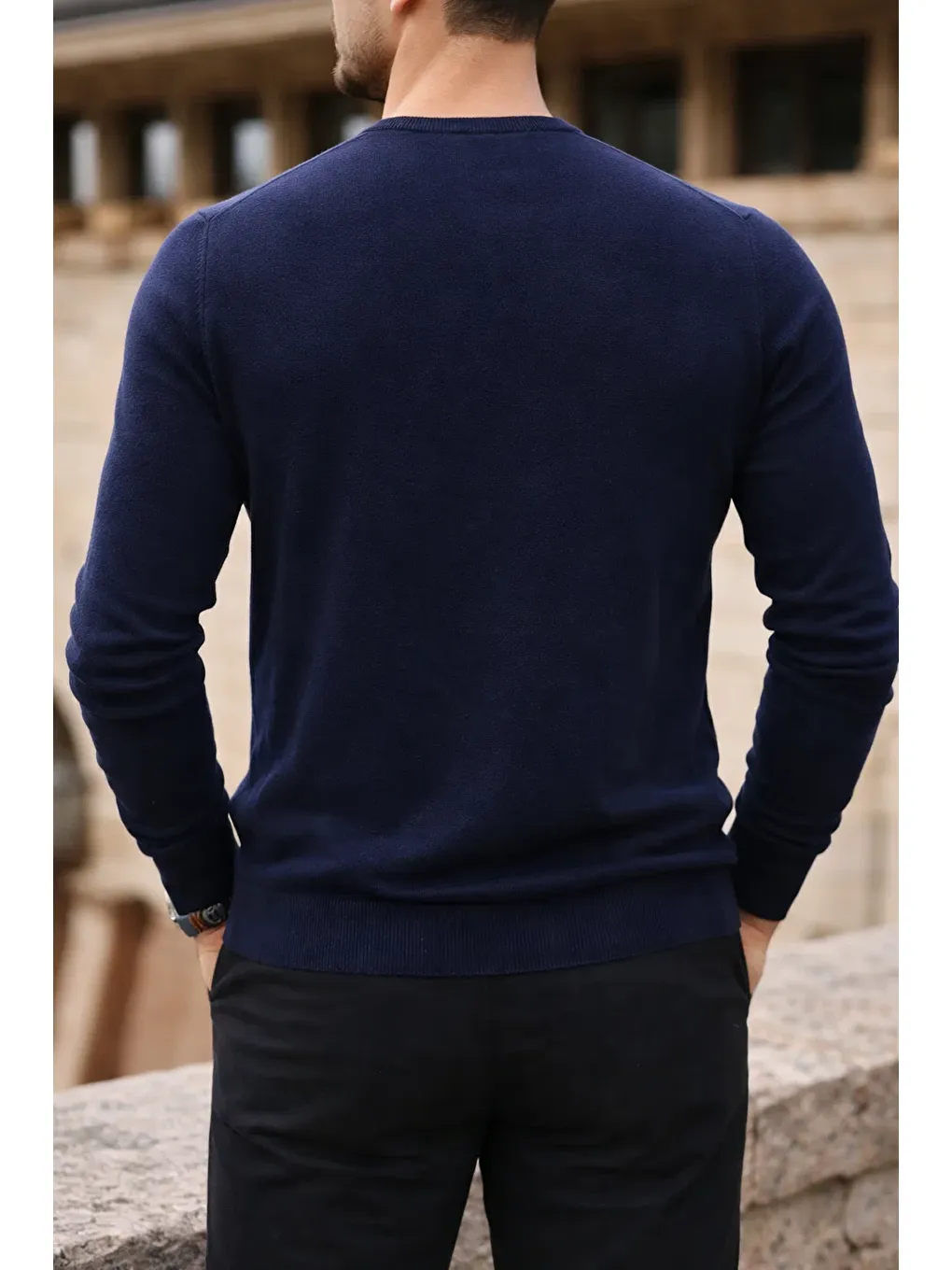 Erkek Kışlık Bisiklet Yaka Dar Lacivert Basic Kazak-4