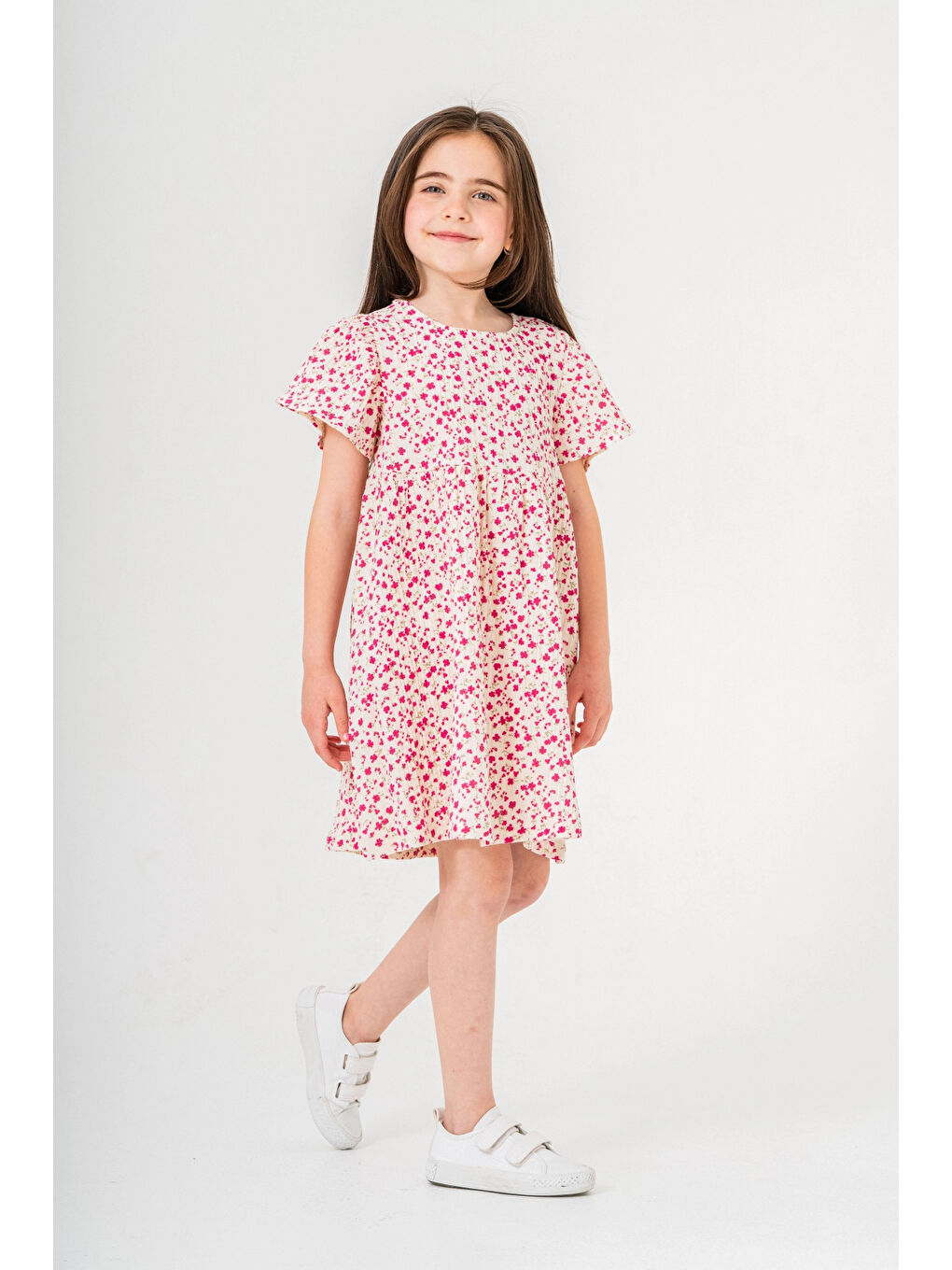 Fuşya Çiçek Desnli Kız Çocuk Müslin Elbise 3802-1