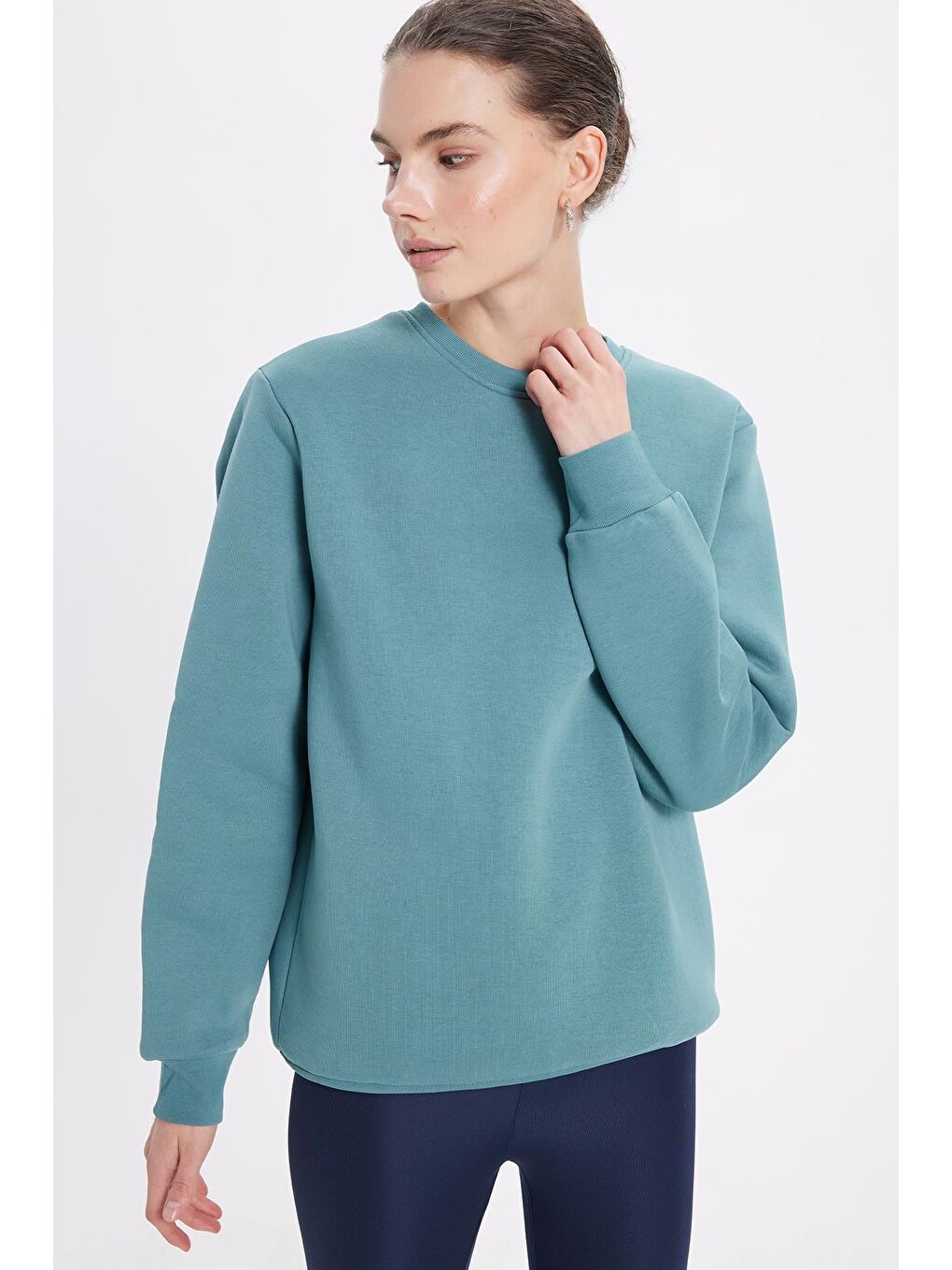 Kadın Oversize Geniş Kesim Pamuklu 3 İplik İçi Polarlı Basic Petrol Rengi Bisiklet Yaka Sweatshirt-4