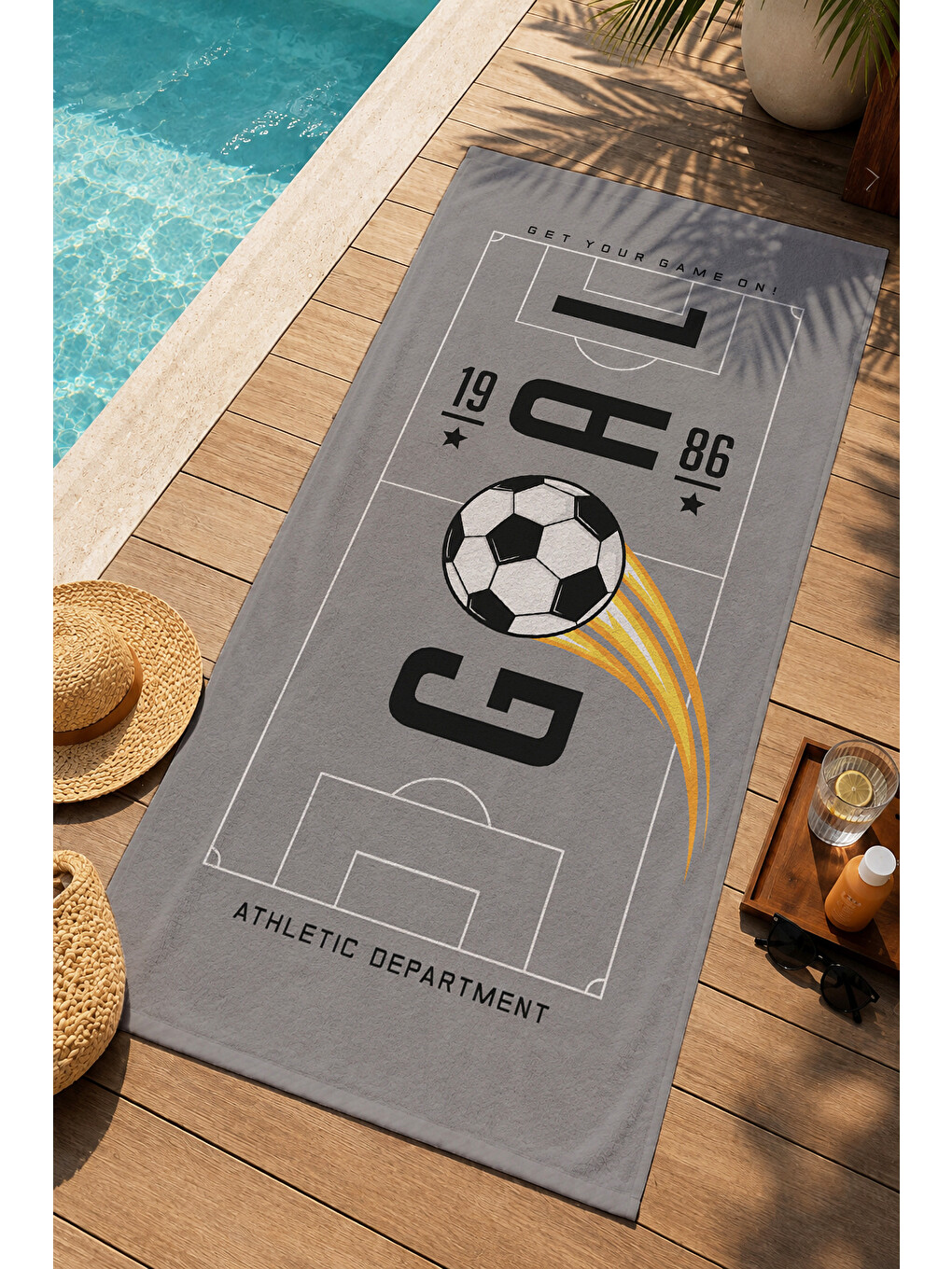 Sportif Goal Futbol Topu Gri Desenli 70x150 Plaj Havlusu - Dijital Baskılı Solmaz Banyo Havlusu-3