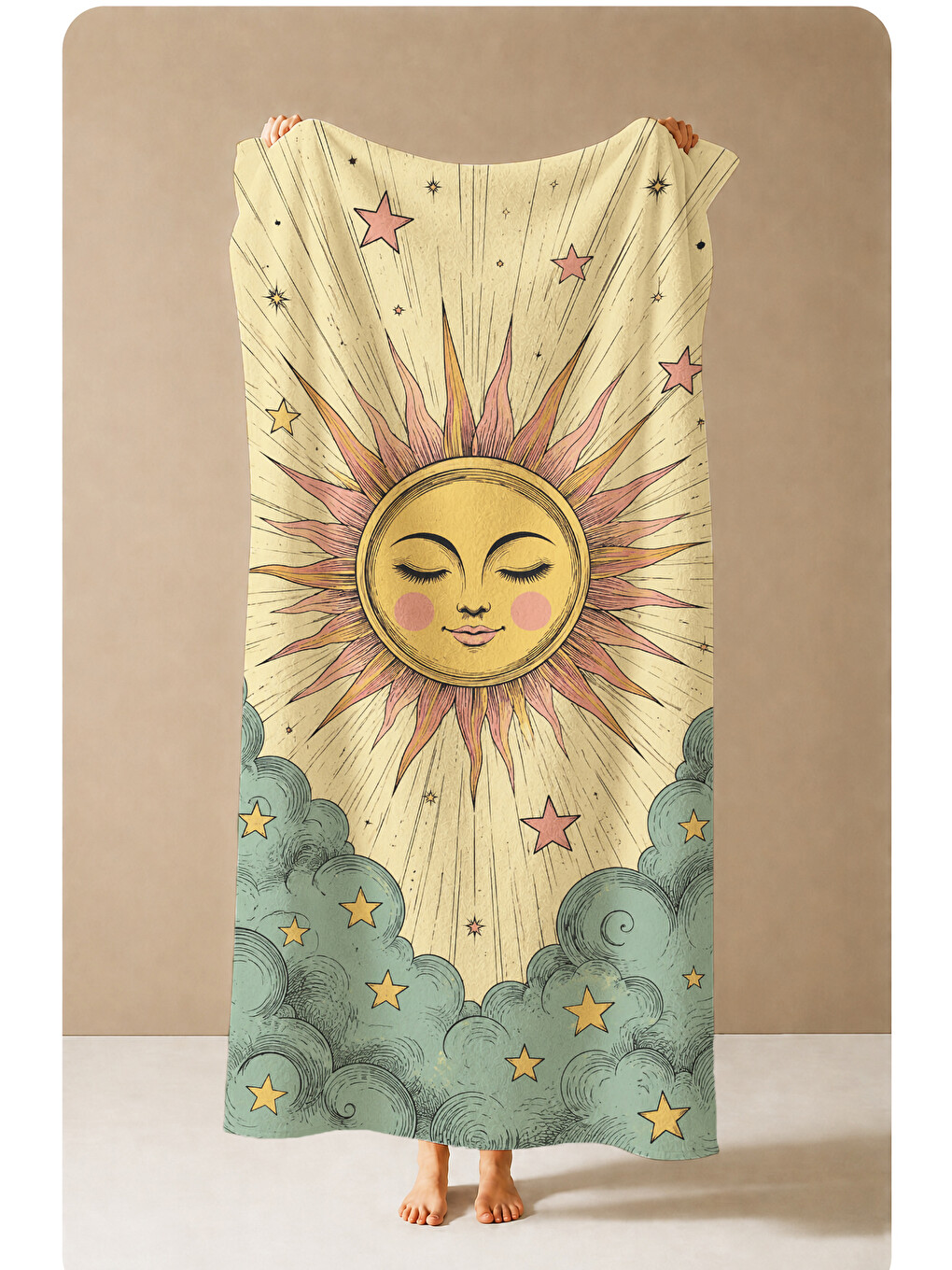 Lacivert Vintage Tarot Güneş Yüzlü Gökyüzü Desenli 70x150 Plaj Havlusu - Dijital Baskılı Banyo Havlusu-4