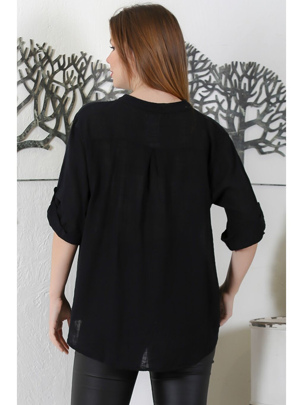 İtalyan Siyah Hakim Yaka Düğmeli 3/4 Kol Cepli Casual Arkası Uzun Dokuma Bluz 70 63-5