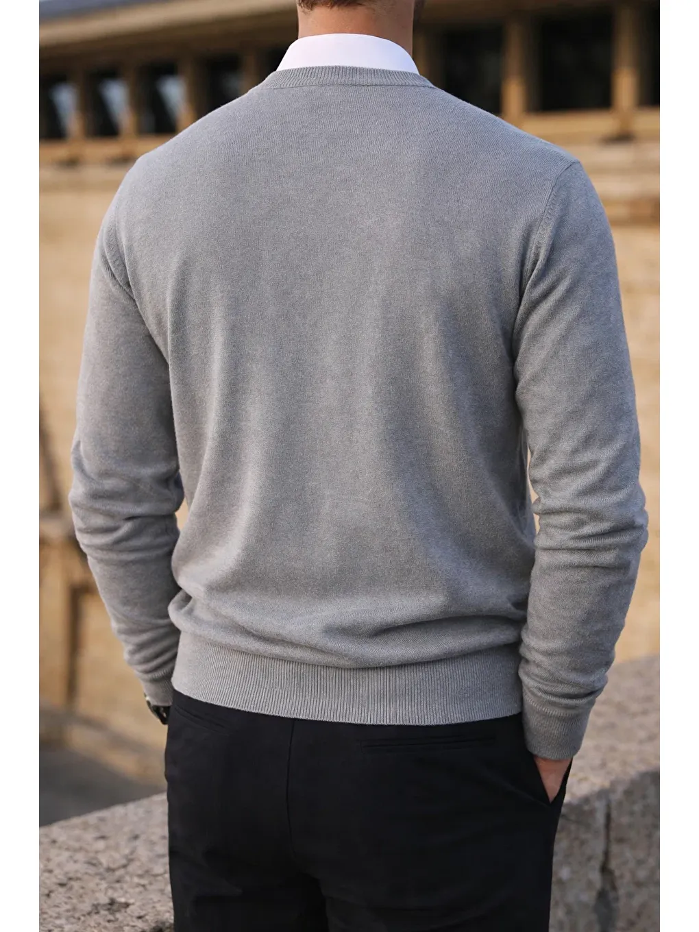 Erkek Kışlık Bisiklet Yaka Dar Gri Basic Kazak-5