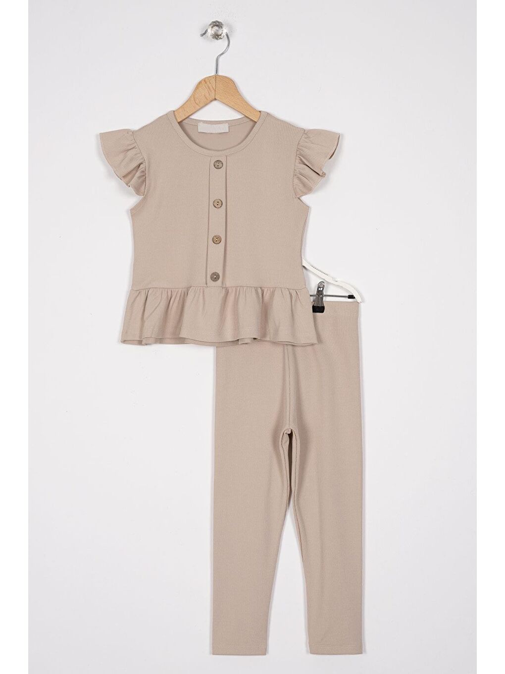 Bej Kolları Fırfırlı Önü Düğme Aksesuarlı Kız Çocuk Taytlı Takım