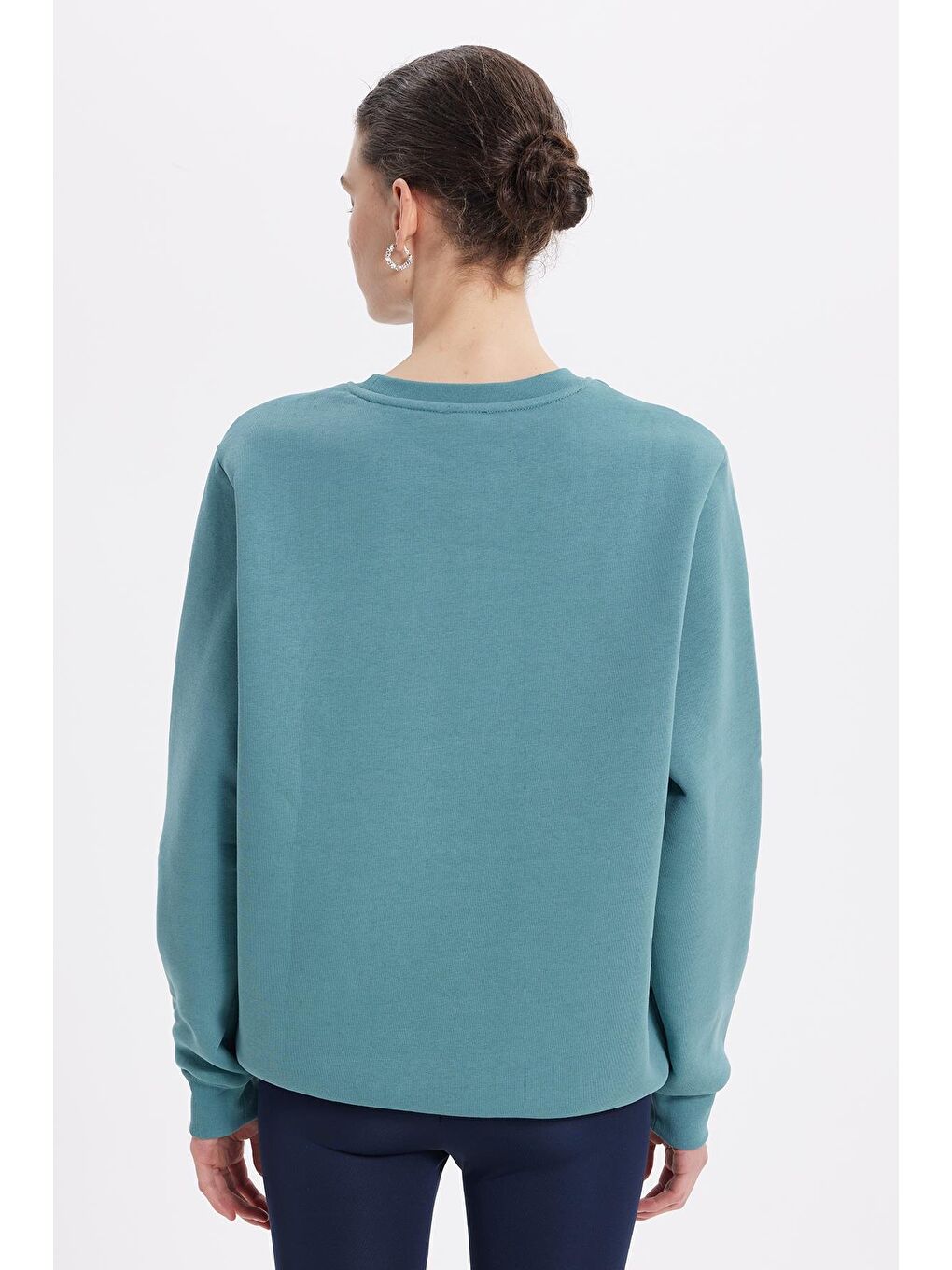 Kadın Oversize Geniş Kesim Pamuklu 3 İplik İçi Polarlı Basic Petrol Rengi Bisiklet Yaka Sweatshirt-6