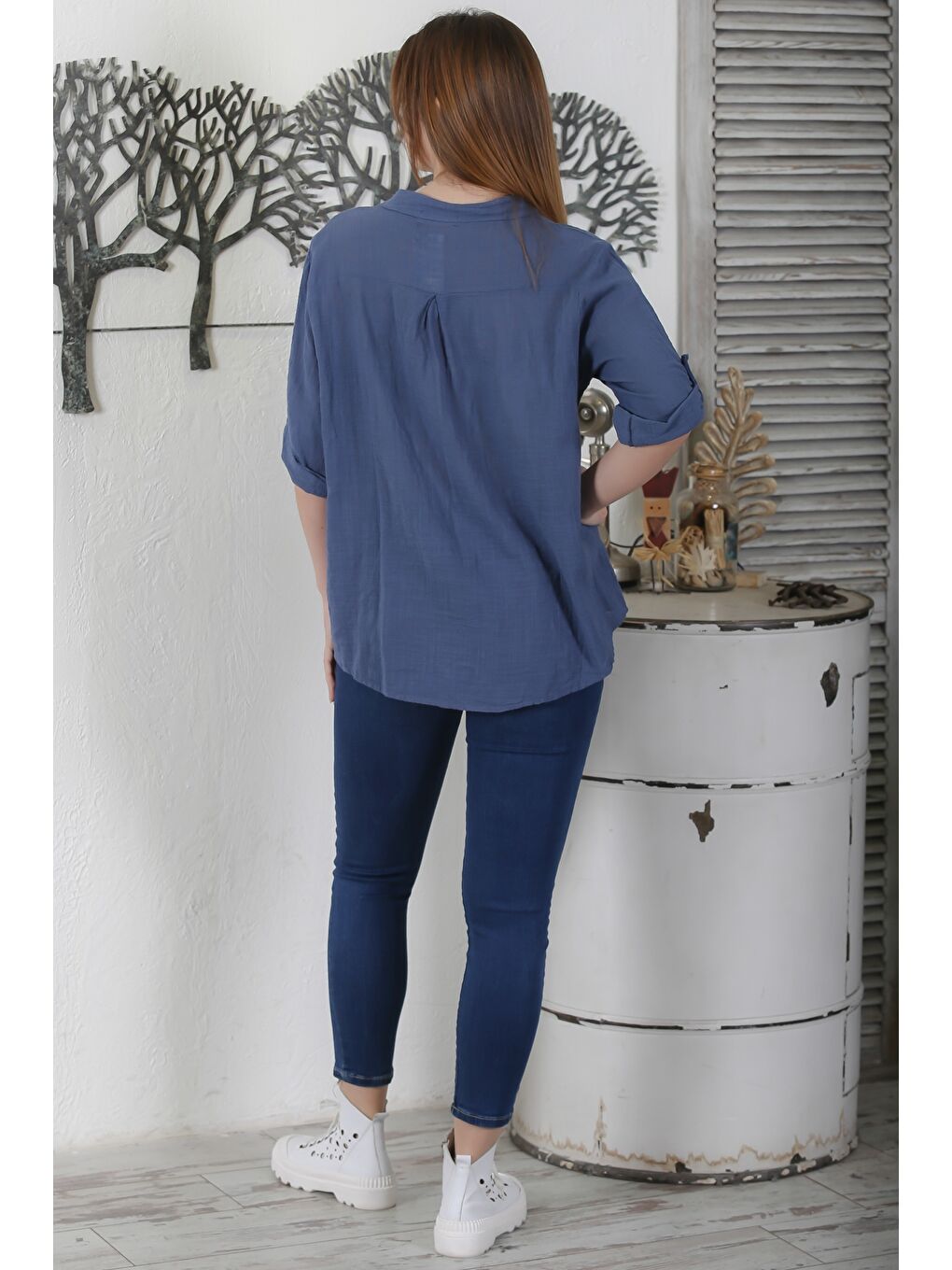 İtalyan Siyah Hakim Yaka Düğmeli 3/4 Kol Cepli Casual Arkası Uzun Dokuma Bluz 70 63-7