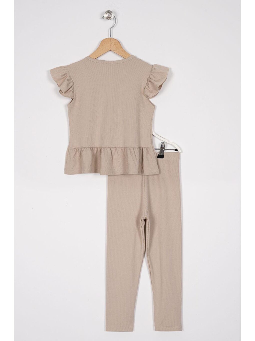Bej Kolları Fırfırlı Önü Düğme Aksesuarlı Kız Çocuk Taytlı Takım-2