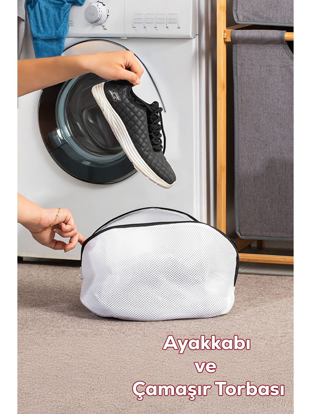 Beyaz 3153 Çamaşır Yıkama Filesi Fermuarlı Bölmeli Ayakkabı Yıkama Filesi Deforme Önleyici Torba-1