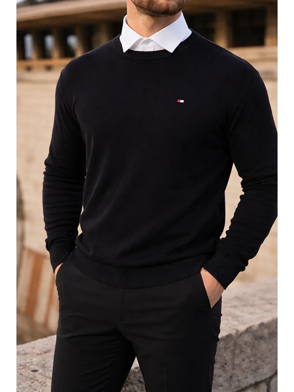 Erkek Kışlık Bisiklet Yaka Dar Siyah Basic Kazak-1