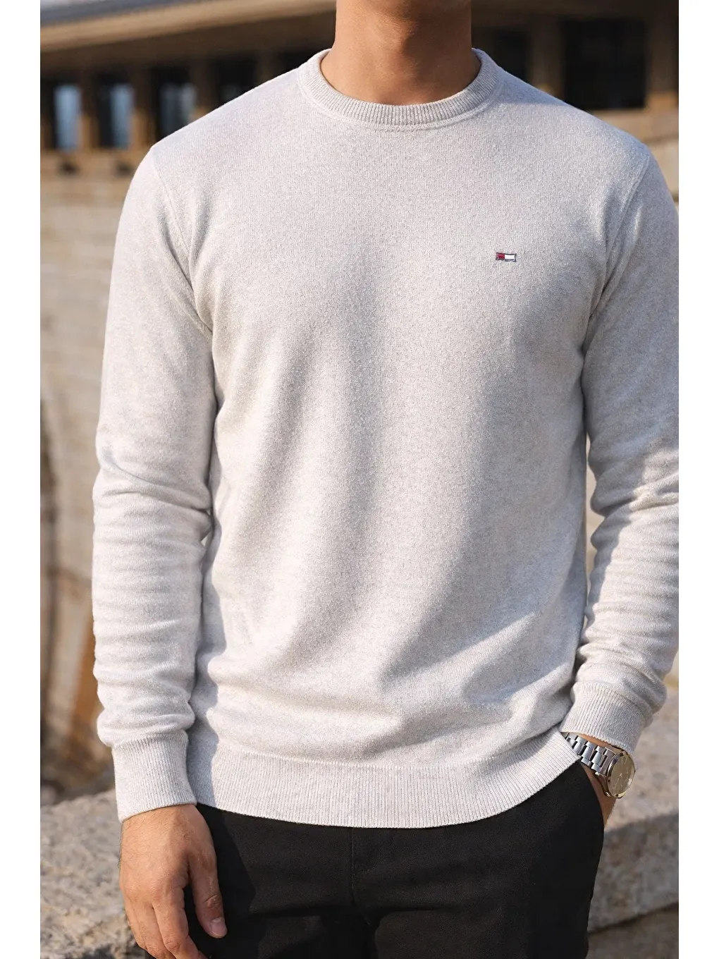 Erkek Kışlık Bisiklet Yaka Dar Beyaz Basic Kazak-1