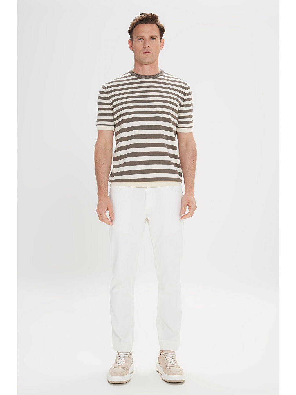 Erkek Haki-Bej %100 Pamuk Normal Kesim Bisiklet Yaka Çizgili Triko Tişört-1