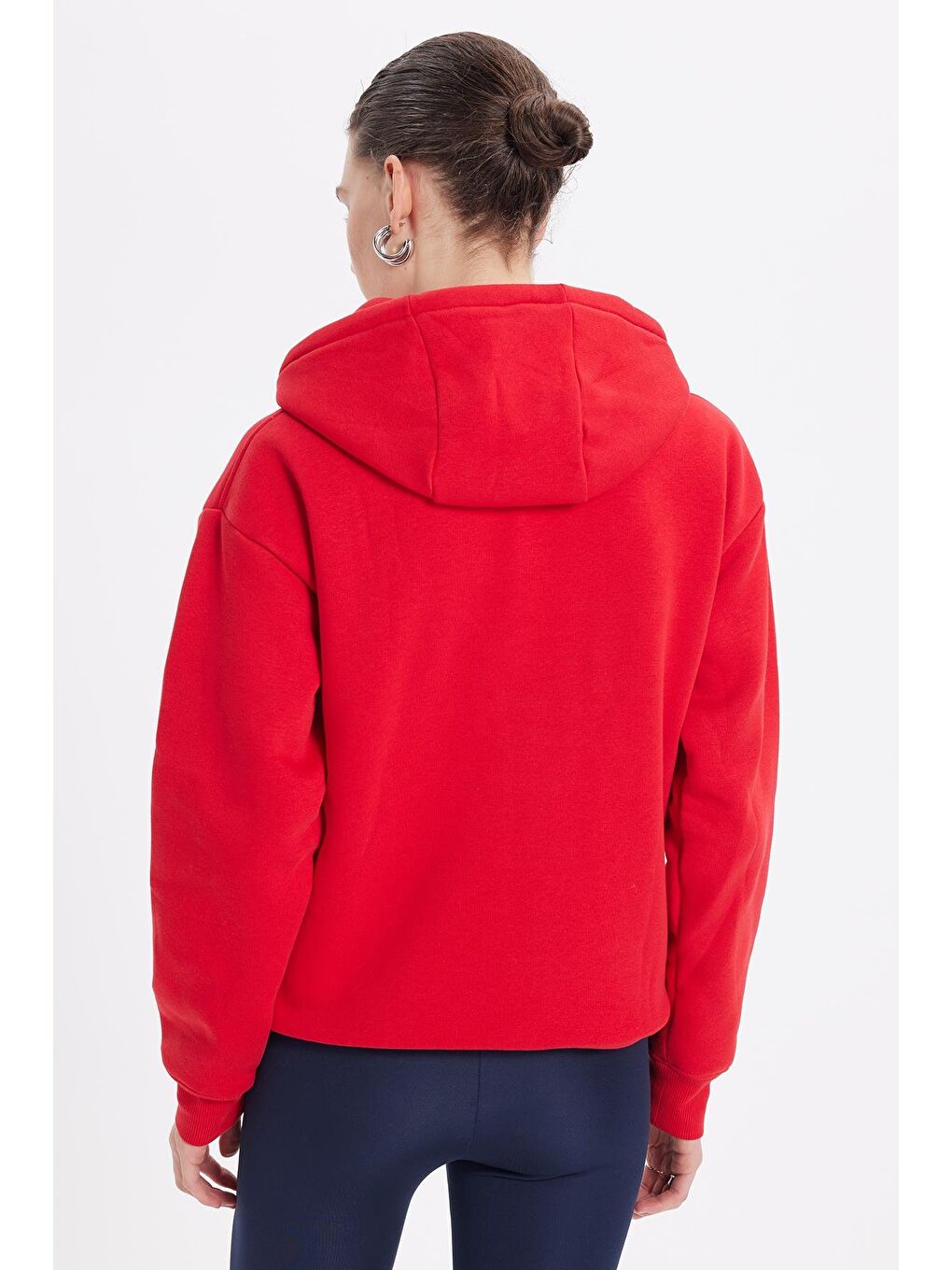 Kadın Oversize Geniş Kesim Pamuklu Yumuşak Dokulu İçi Polarlı Basic Kırmızı Kapüşonlu Sweatshirt-5