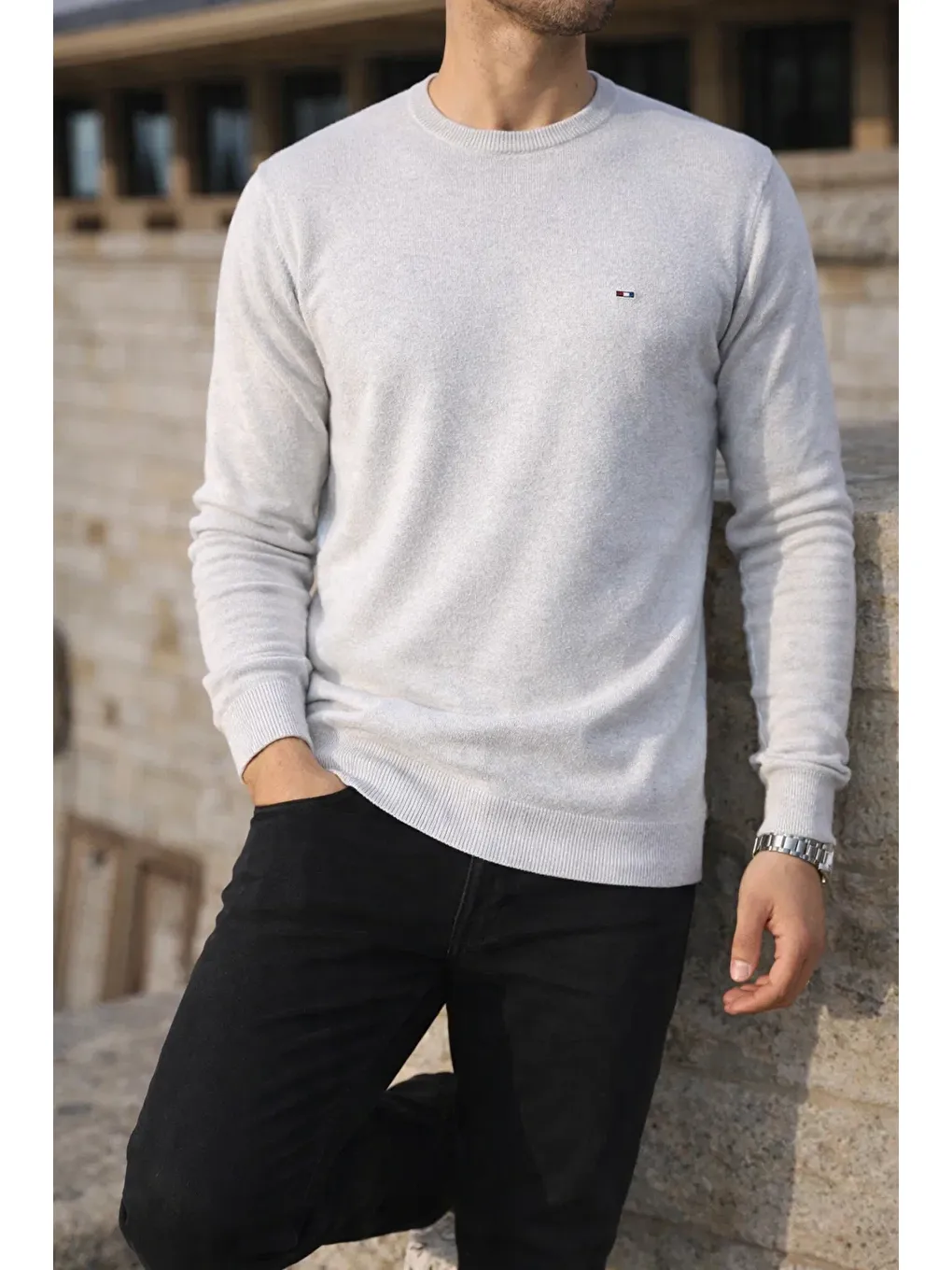 Erkek Kışlık Bisiklet Yaka Dar Beyaz Basic Kazak-2