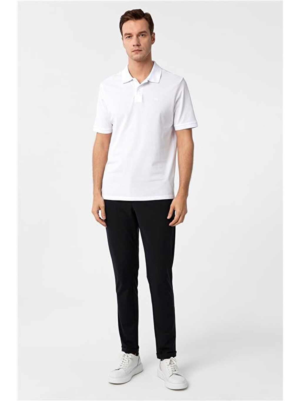 Beyaz Regular Düz Polo Yaka Tişört-4