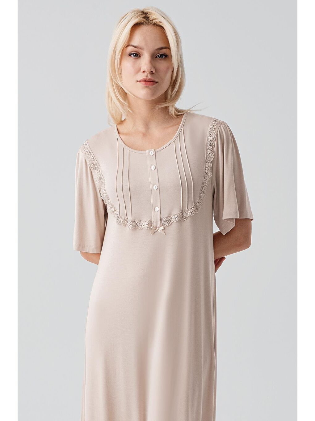 Bej Kısa Kollu Düğmeli Uzun Esnek Viskoz Gecelik 19109-3