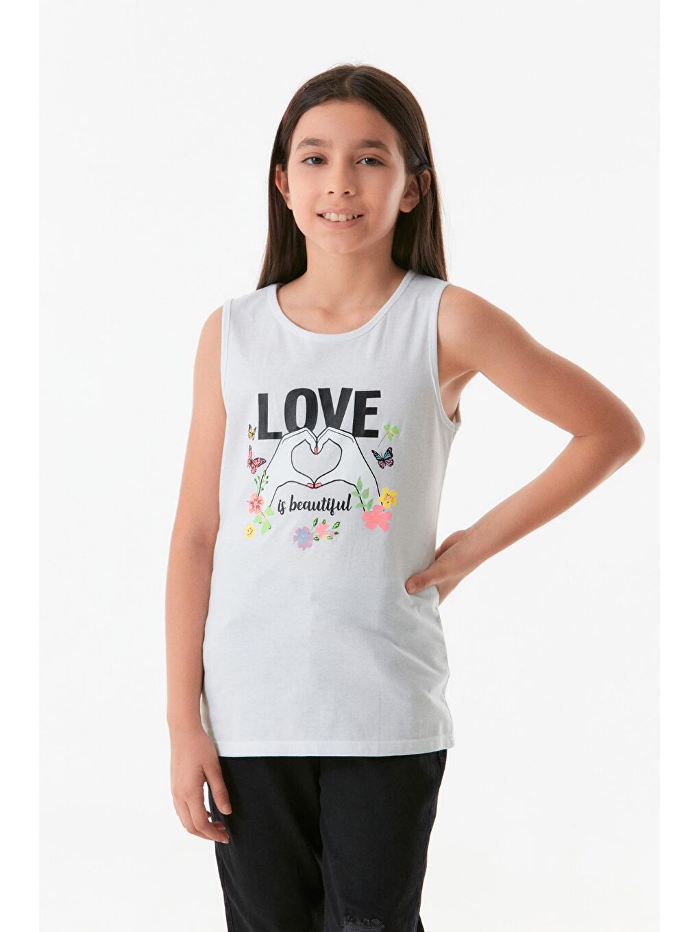 Beyaz Baskılı Kolsuz Kız Çocuk Atlet