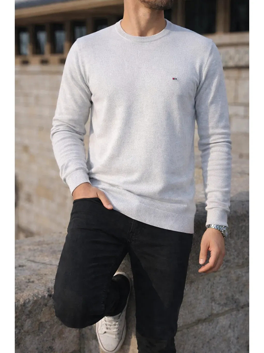 Erkek Kışlık Bisiklet Yaka Dar Beyaz Basic Kazak-3