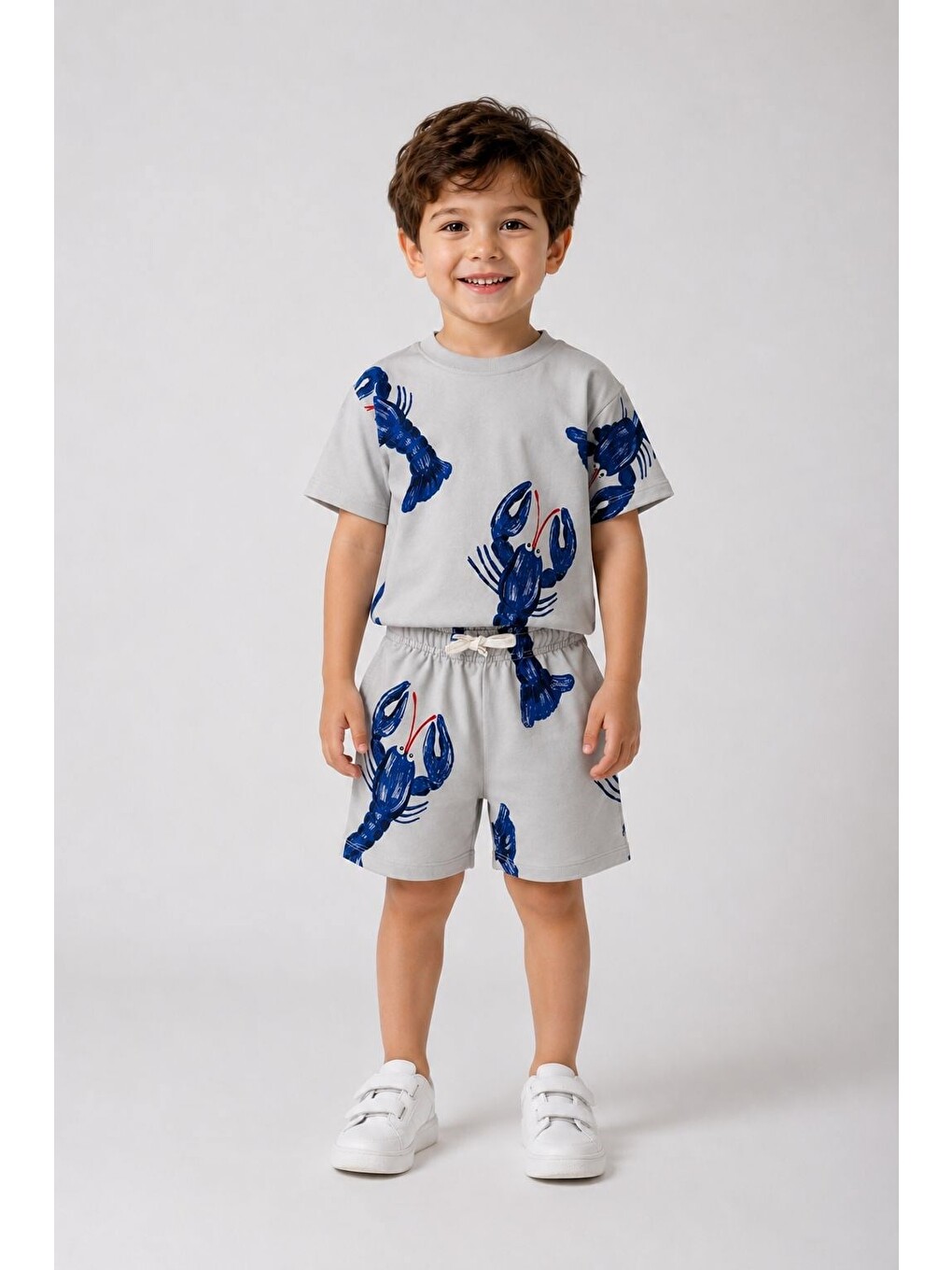 Gri Erkek Çocuk Pamuklu Istakoz Desenli T-Shirt Şort Takım-1