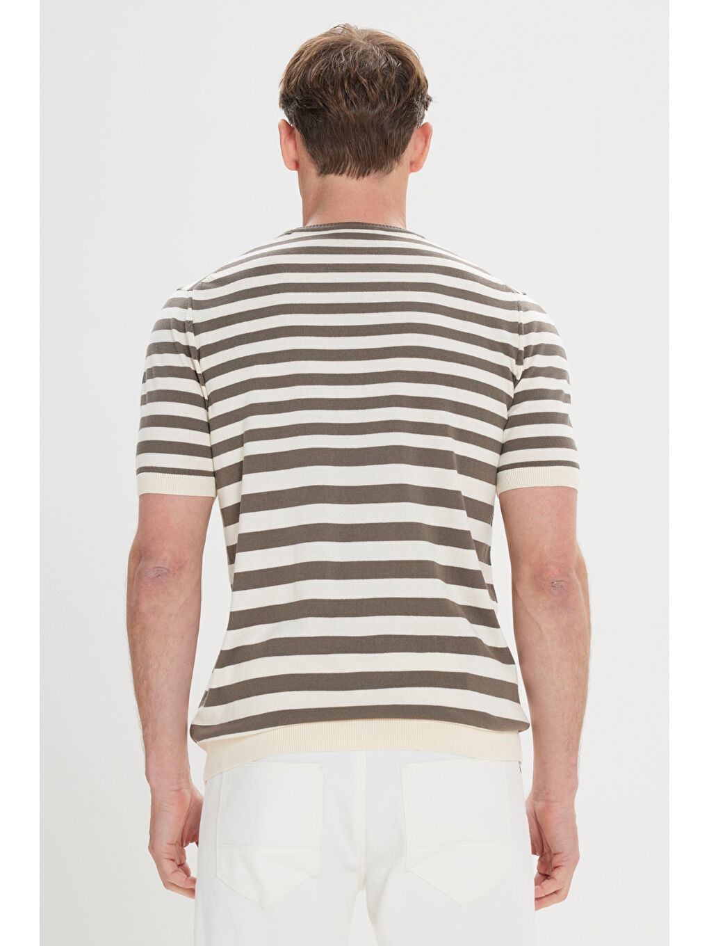 Erkek Haki-Bej %100 Pamuk Normal Kesim Bisiklet Yaka Çizgili Triko Tişört-3