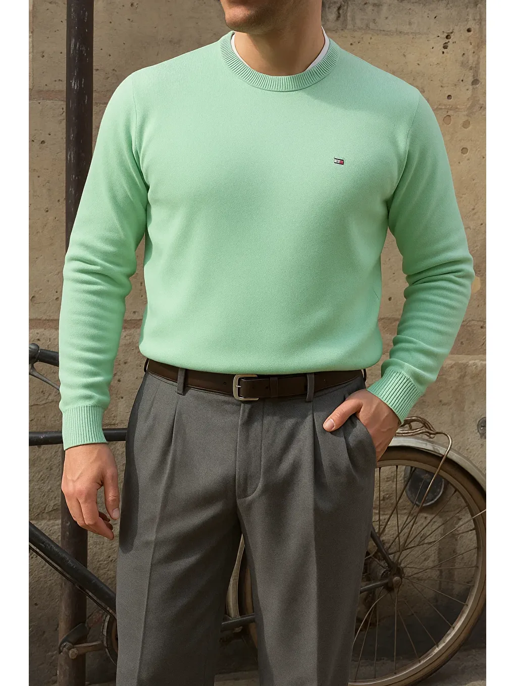 Yeşil Erkek Bisiklet Yaka Slim Fit Mint Kazak