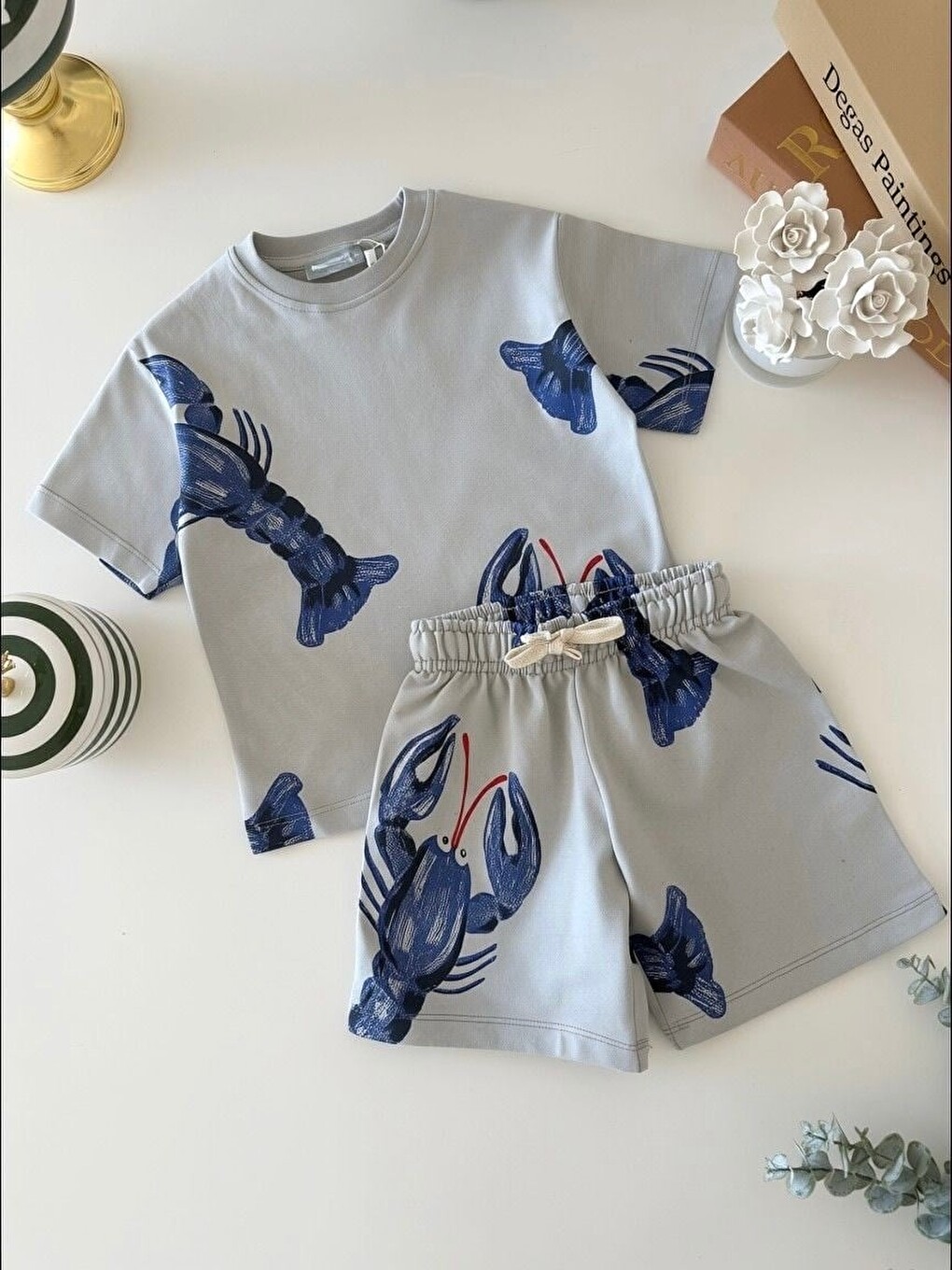 Gri Erkek Çocuk Pamuklu Istakoz Desenli T-Shirt Şort Takım-3